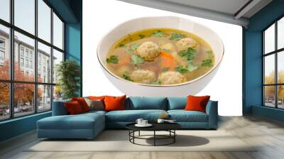 Bowl with tasty meatball soup on white background Wall mural