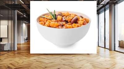 Bowl with tasty pasta and beans on white background Wall mural