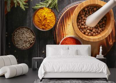 Bowls and mortar with different aromatic spices on wooden table Wall mural