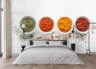 Bowls with various spices on white background Wall mural