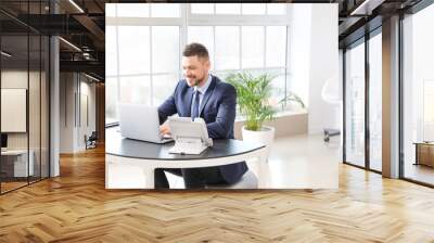 Businessman sitting on fitness ball while working in office Wall mural