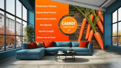 Carrots with health benefits on wooden background Wall mural