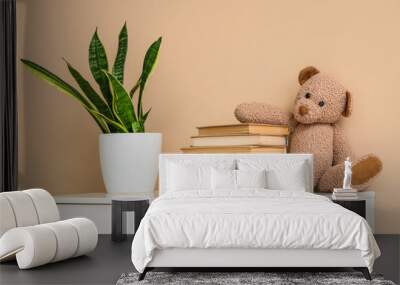 Chest of drawers with books, toy bear and houseplant near beige wall Wall mural