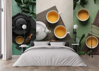 Collage of Asian green tea on table, top view Wall mural