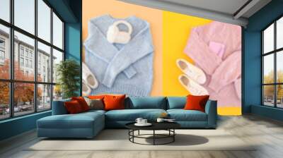 Collage of autumn clothes with accessories on color background, top view Wall mural