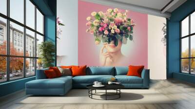 Collage of beautiful women and bouquet of flowers on light background Wall mural