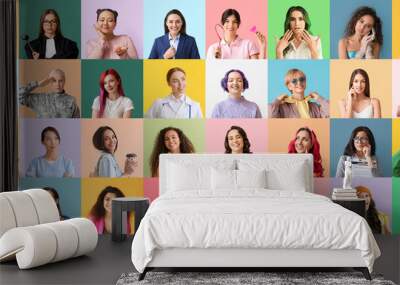 Collage of beautiful women on color background Wall mural