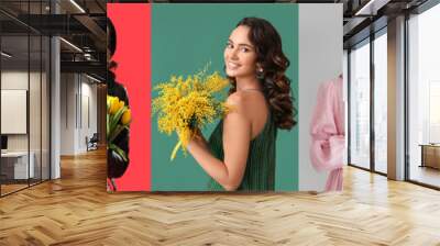 Collage of beautiful women with fresh flowers on color background Wall mural