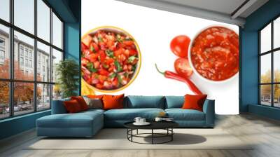 Collage of bowls with tasty salsa sauces and nachos on white background Wall mural