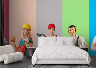 Collage of carpenters on color background Wall mural