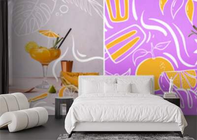 Collage of cold summer cocktails on color background Wall mural