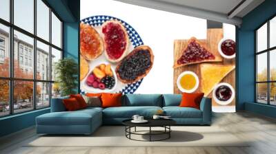 Collage of crunchy toasted bread with delicious jams on white background Wall mural