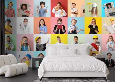 Collage of different children dreaming about their future professions on color background Wall mural