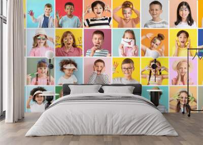 Collage of different cute children on color background Wall mural