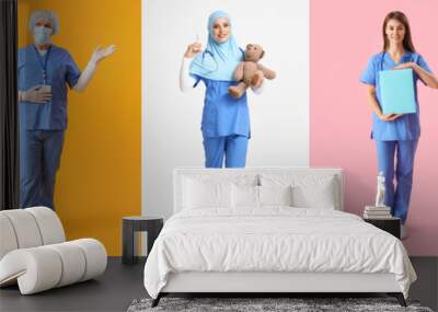 Collage of different doctors on color background Wall mural