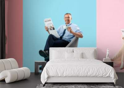 Collage of different people reading newspapers on pink and blue backgrounds Wall mural