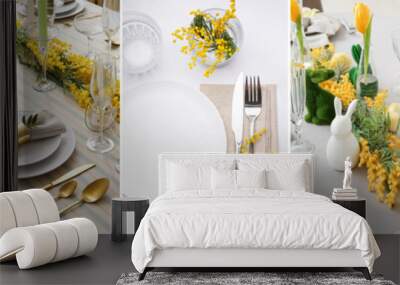 Collage of different table setting with mimosa flowers Wall mural