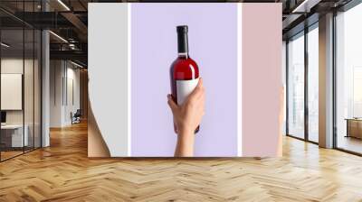 Collage of female hands holding bottles of wine on color background Wall mural