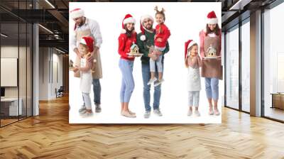 Collage of happy family with gingerbread house on white background. Christmas celebration Wall mural