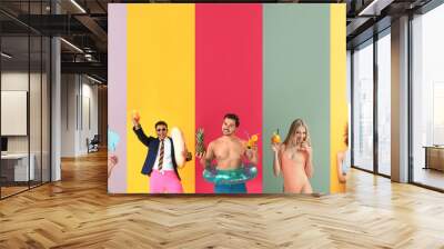 Collage of happy people with summer cocktails on color background Wall mural