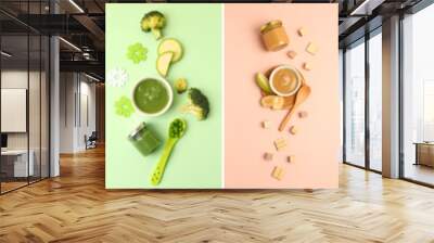 Collage of healthy baby food on color background Wall mural