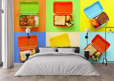 Collage of lunch boxes with healthy food on color background, top view Wall mural