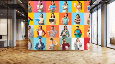 Collage of many people listening to audiobooks on color background Wall mural