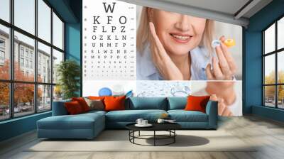 Collage of mature woman with contact lenses and eye test chart Wall mural