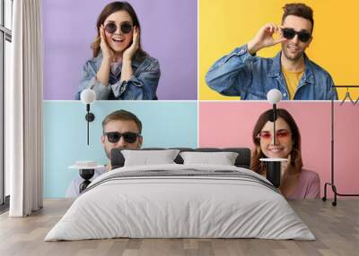 Collage of photos with young people wearing stylish sunglasses Wall mural