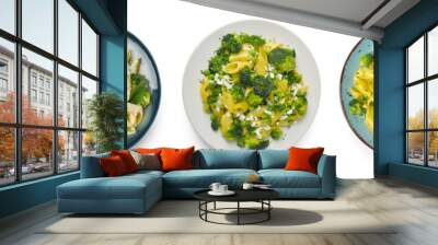 Collage of plates with tasty pasta and broccoli on white background, top view Wall mural