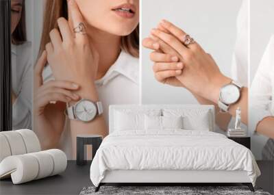 Collage of pretty young woman with stylish wristwatch on light background, closeup Wall mural