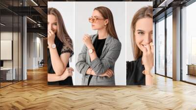 Collage of pretty young woman with stylish wristwatch on light background Wall mural