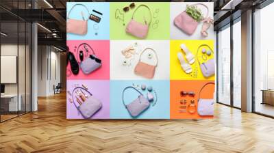 Collage of stylish woman's handbags with accessories on color background, top view Wall mural