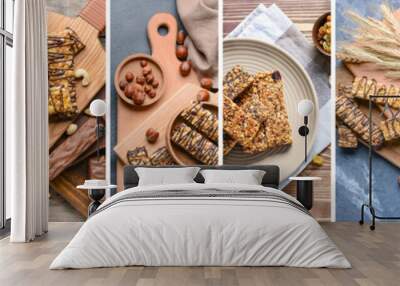 Collage of sweet cereal bars on table, top view Wall mural