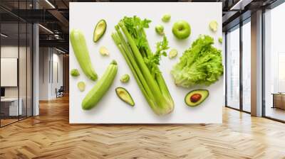 Collage of tasty green vegetables and bottle of smoothie on color background Wall mural