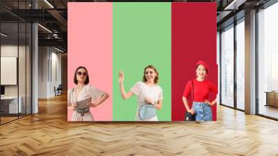 Collage of trendy young women with elegant bags on color background Wall mural