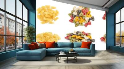 Collage of uncooked pasta on white background Wall mural