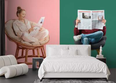 Collage of young people reading newspapers on color background Wall mural