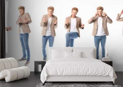 Collage with handsome young man showing different emotions on white background Wall mural