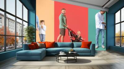 Collage with happy fathers and children on colorful background Wall mural