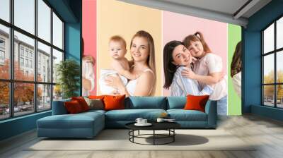 Collage with happy mothers and daughters on color background Wall mural