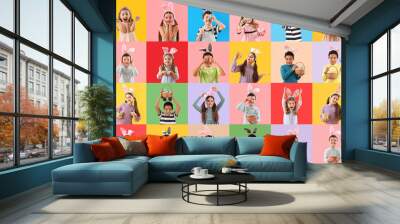 Collage with many children celebrating Easter on color background Wall mural