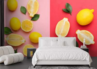 Collage with many lemons on color background, top view Wall mural