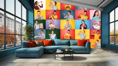 Collage with many people eating tasty pizza on color background Wall mural