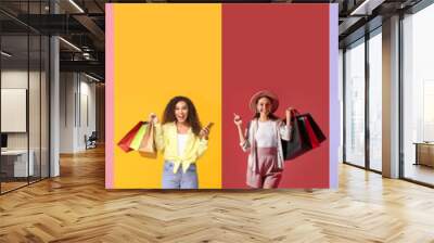 Collage with people after shopping on colorful background Wall mural