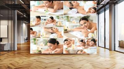 Collage with pretty young woman spending weekend in spa salon Wall mural