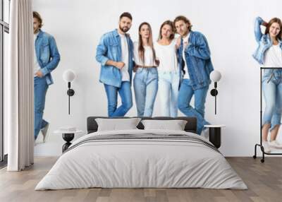 Collage with stylish young people in jeans clothes on white background Wall mural