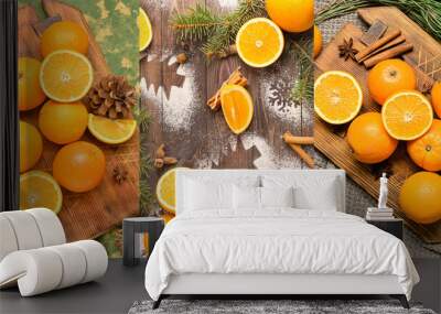 Collage with sweet oranges and Christmas cookies Wall mural