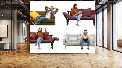 Collage with young people resting on sofas against white background Wall mural