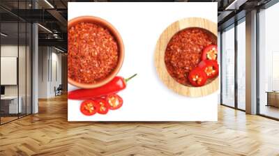 Collection of red chili flakes on white background, top view Wall mural